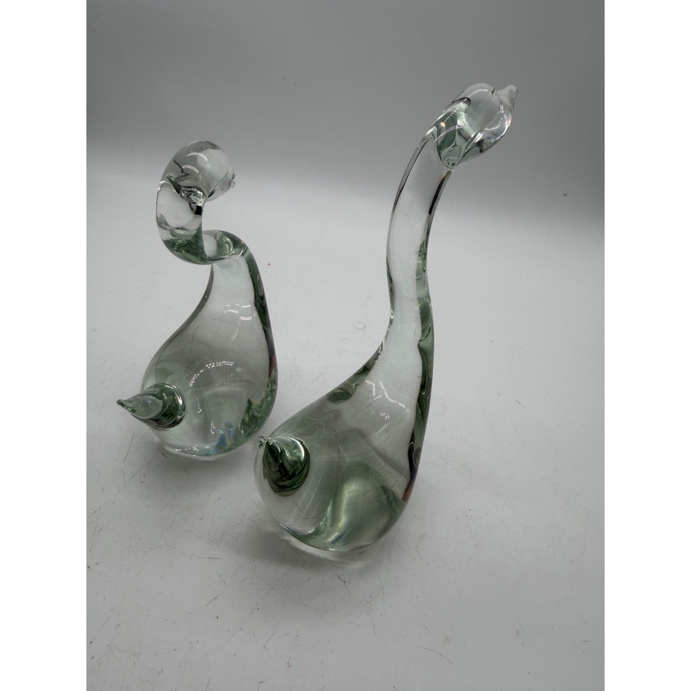 Vintage Hand Blown Glass Swan Figurines Clear Green Smoke Set of 2 Paperweights - Picture 5 of 11